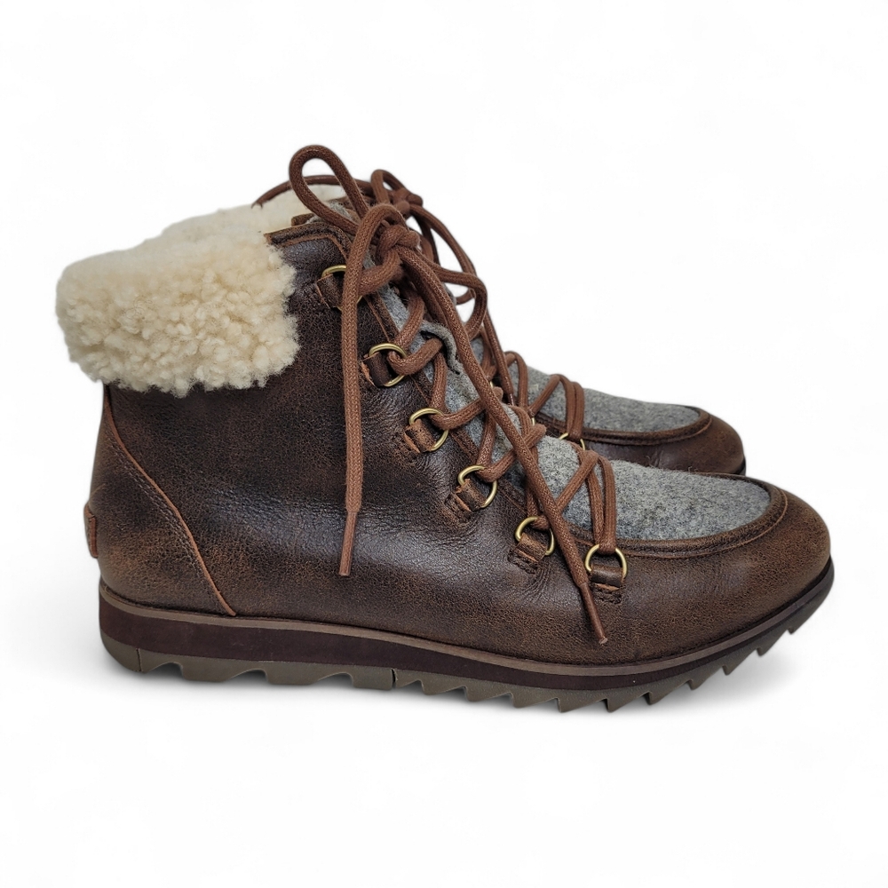 Sorel Harlow Lace Cozy Leather Ankle Boots 9.5 Dark Brown Shearling Felt